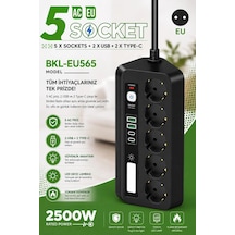 5 Li Akım Korumalı Priz 2500w 2 Usb + 2 Type-c Hızlı Şarj Led Gece Lambalı Dokunmatik Anahtarl 2 M
