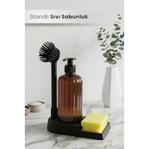 Süngerli Silikon Bulaşık Fırçalı Standlı Sıvı Sabunluk - Deterjanlık Amber Şişe Standlı Sıvı Sabunluk