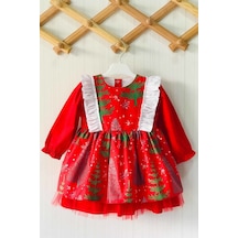 Yeniyıl Çam Ağaç Desenli Kırmızı Kız Çocuk Bebek Noel Elbise 001