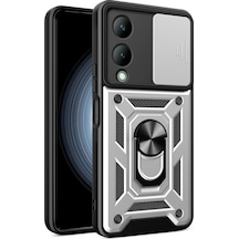 Vivo Y17s Kılıf Pars Lens Yüzüklü Silikon - Gümüş Düz Renkli