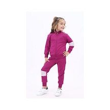 Toontoy Kids Kız Çocuk 2'li Takım Nakış Baskılı Dik Yaka Fermuarlı Sweatshirt & Beli Paçası Lastikli Ribanalı Jogger Eşofman Altı - Bant Detaylı & 2 İplik Mürdüm