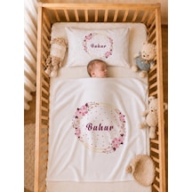 İsme Özel Kız Bebek Battaniye 80x80 Cm Ve Yastık Kılıfı 35x45 Cm %100 Pamuk Organik Baskılı Bebek Seti Bebek Hediyesi 2023yb Krem