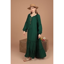 Dantel Espirili Ve Kolları Lastikli Viskon Kumaşlı Oversize / Salaş Kadın Elbise Yeşil Yaz / Bahar