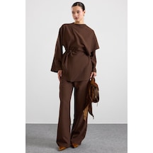 Olcay Omuzdan Şal Detaylı Pantolon Bluz İkili Takım Kahve 9485-tk Kahverengi