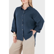 Via Dante % 100 Keten Oversize Yarı Transparan Gömlek Bayan Gömlek 7697 Lacivert