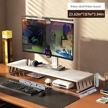 Motion003 Ergonomik Ahşap Monitör Standı Yükseltici Beyaz Stand Beyaz Tahta 60 Cm Büyük Çift Ekran Masa Rafı Ofis Ev Çalışma Alanı