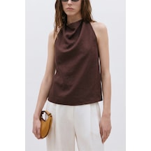 Suud Collection Koyu Kahve Gabriel Halter Yaka Keten Bluz