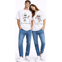 Sevgili Kombini Robot Baskılı Çift Tişört Oversize Unisex Partner Beyaz