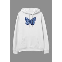 Startmore Oversize Mavi Boya Kelebek Temalı Tasarım Baskılı Unisex Kapüşonlu Sweatshirt Hoodie Beyaz Beyaz