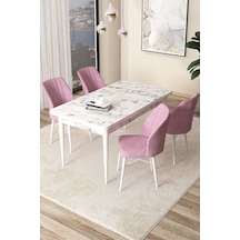 Canisa Arp Serisi 70x110 Sabit Mutfak Masası Takımı Beyaz Mermer Desen Masa 4 Pembe Sandalye Masa Beyaz Sandalyeler Pembe