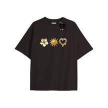 Flood Of Style Siyah Oversize T-shirt Güneş Kalp Çiçek Özel Tasarım