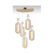 5'li Gold Kaplama Sarkıt Kumadalı Led Salon Avize 3 Renk Ledli Gold