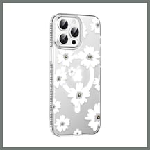 Bezos Joko İphone 15 Pro Uyumlu Floral Magsafe Kapak - Beyaz Mmbz