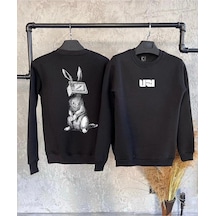 Siyah Oversize Tavşan Ön Arka Baskılı Kapşonsuz 0 Yaka Pamuklu Unisex Sweatshirt Siyah