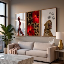 3 Lü Pop Art Çerçevesiz Poster Seti Leopar Çiçek Topuklu Ayakkabı Dudak Desenli Retro Vintage Duvar Dekoru