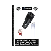 Delux Serisi C3 Type-c Siyah Çift Usb Oto Şarj Aleti Soket Pratik Yardımcı