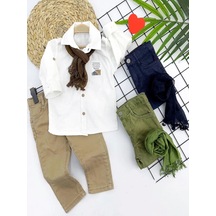 9-12-18-24 Ay Ve 3-4-5 Yaş Fularlı Pamuk Keten Gömlekli Pantolonlu 3lü Erkek Bebek Takımı Bej Çok Renkli