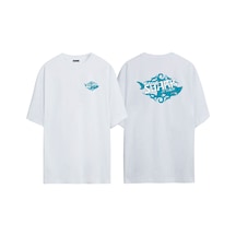 Thewert Unisex Shark Attack Köpekbalığı Ön Arka Baskılı Beyaz Oversize T-shirt