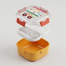 600 Ml Yemek Kabı, 4 Bölmeli Kilitli Lunch Box, Kaşık Dahil Renkli Desenli Saklama Ve Taşıma Kabı, 14x14x8 Cm Çok Renkli