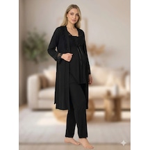 Kocabey Bone 6205 Kadın 3'lü Jakarlı Sabahlıklı Lohusa Pijama Takımı Siyah