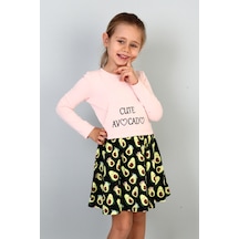 Toontoy Kız Çocuk Cute Avocado Naskışlı Eteği Desenli Elbise Pudra