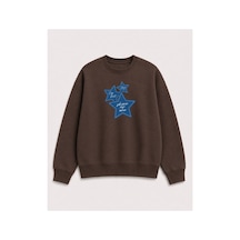 Herkesemoda Kot Efektli Yıldız Baskılı 2 İplik Şardonlu Bisiklet Yaka Sweatshirt Kahverengi