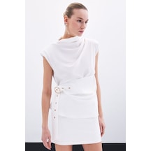 Sateen Kemerli Kolsuz Bluz - Ekru-135776 Ekru