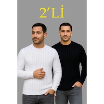 Efnaz Style Erkek Fitilli Triko Kazak 2 Li Set Siyah - Beyaz, Kalın Dokuma Pamuklu Regular Fit Bisiklet Yaka Uzun Kollu Rahat Kışlık Kazak Kombini Çok Renkli