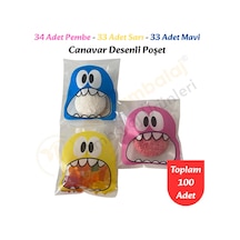 100 Adet Pembe-sarı-mavi Renkli Canavar Desenli Cake Pop & Kurabiye Poşeti-10x15 Cm