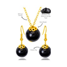 Sertifikalı Gold Küre Model Siyah Obsidyen Taşı Kolye Ve Küpe Set Çok Renkli