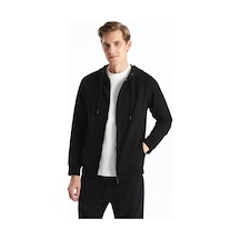 Lcwaıkıkı Basic Siyah Kapüşonlu Basic Erkek Fermuarlı Sweatshirt