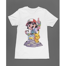 Bumeta Pokemon Pikachu Ve Ash Ketchum Chibi Çizgi Film Dizi Unisex Tişört T-shirt Beyaz