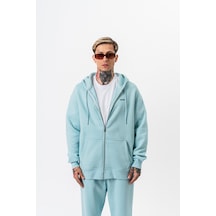 Erkek Respire Yazı Detaylı Kapüşonlu Basic Zip Oversize Hoodie Bebe Mavi