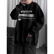 Unisex Oversize Eternity Baskılı Bisiklet Yaka Sweatshirt Siyah