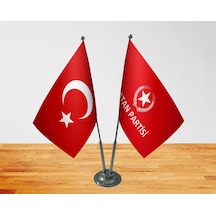 Masa Üstü Vatan Partisi Bayrağı Türk Bayrağı İkili Krom Direk Mas