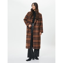 Koton Oversize Kaşe Kaban Uzun Kruvaze Düğmeli Cepli Kahverengi Ekose 4wak00029uw Kahverengi Ekoseli