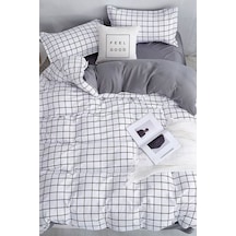 Kareli Beyaz Kolay Ütülenir Çift Kişilik Nevresim Takımı Baskılı