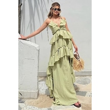 Fashion Cocktail İp Bağlama Askılı Fırfırlı Hacimli Dalgalı Hareketli Yırtmaçsız Maxi Uzun Yazlık Sahil Tatil Elbise Haki