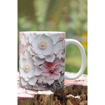 Beyaz Pembe Çiçekler 3d Tasarım Görünümlü Baskılı Kupa Bardak Mug Beyaz