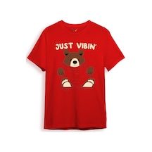 Just Vibin Sevimli Ayıcık Baskılı Regular Fit %100 Pamuk Kırmızı T-shirt Kırmızı