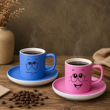 Bk Gift 2'li Mavi Ve Pembe Renkli Emoji Yüz Tasarımlı Seramik Türk Kahvesi Fincanı Takımı-2 Çok Renkli
