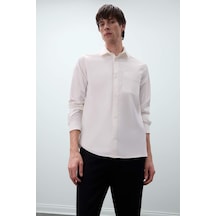 DeFacto Regular Fit Polo Yaka Basic Düz Gofre Uzun Kollu Beyaz Gömlek D8713AX25SPWT32