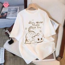 Tarzsokak Beyaz S Round Neck Short Sleeve Loose Cute Cat Print Summer Y2k Kawaii Wo Beyaz