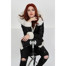 M M Marki Marki Siyah Özel Kürklü Şişme Hakiki Deri Mont, Kapüşonlu, 65 Cm, Fit Kesim, Kadın, Premium Dikiş Detaylı Siyah Deri - Beyaz Kürk