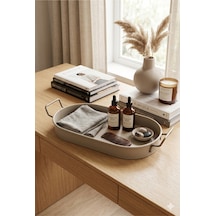 Bohem Dekoratif Metal Tepsi Kulplu Minimalist Düzenleyici Organizer Sunum Tepsisi Bej Oval Şık Dekor Açık Gri