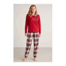 Angbutik Nautıca W606 Kadın Uzun Kollu Ekoseli Pijama Takımı Kırmızı