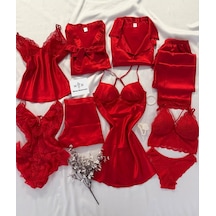 Mh Moony Homewears 9'lu Kutulu Dakikala Kırmızı Saten Kaplı Gecelik Pijama İç Giyim Çeyiz Seti Kırmızı