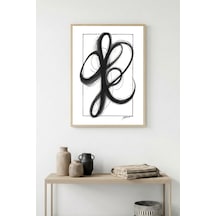Doğal Ahşap Çerçeveli Minimal Siyah Desenli Tablo - Soyut Huhu1202