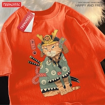 Startmore Y2k Vintage Tişört Tee Japon Harajuku Hayalet Kılıçlı Kedi Turuncu