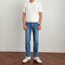 Tarz Cool Erkek İnce Saç Örgülü Düğmeli Slim Fit Polo Yaka Triko T-shirt Beyaz